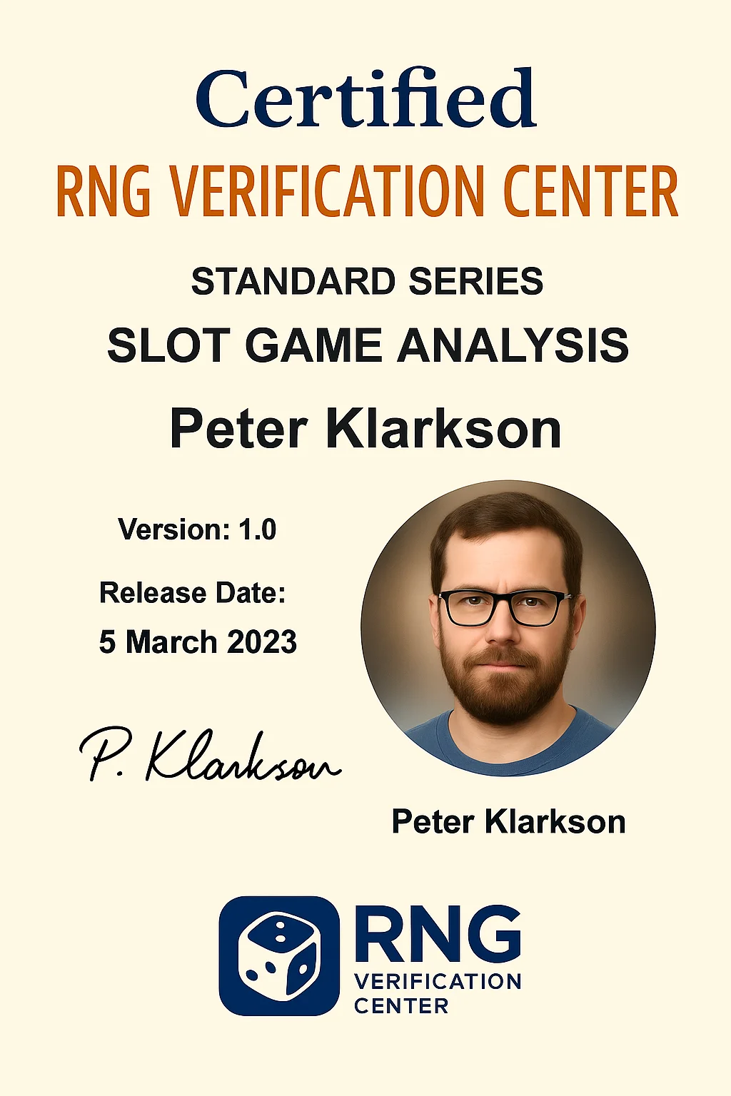 Сертификат Peter Klarkson, портретная страница, без связи с выплатой Wheel Out