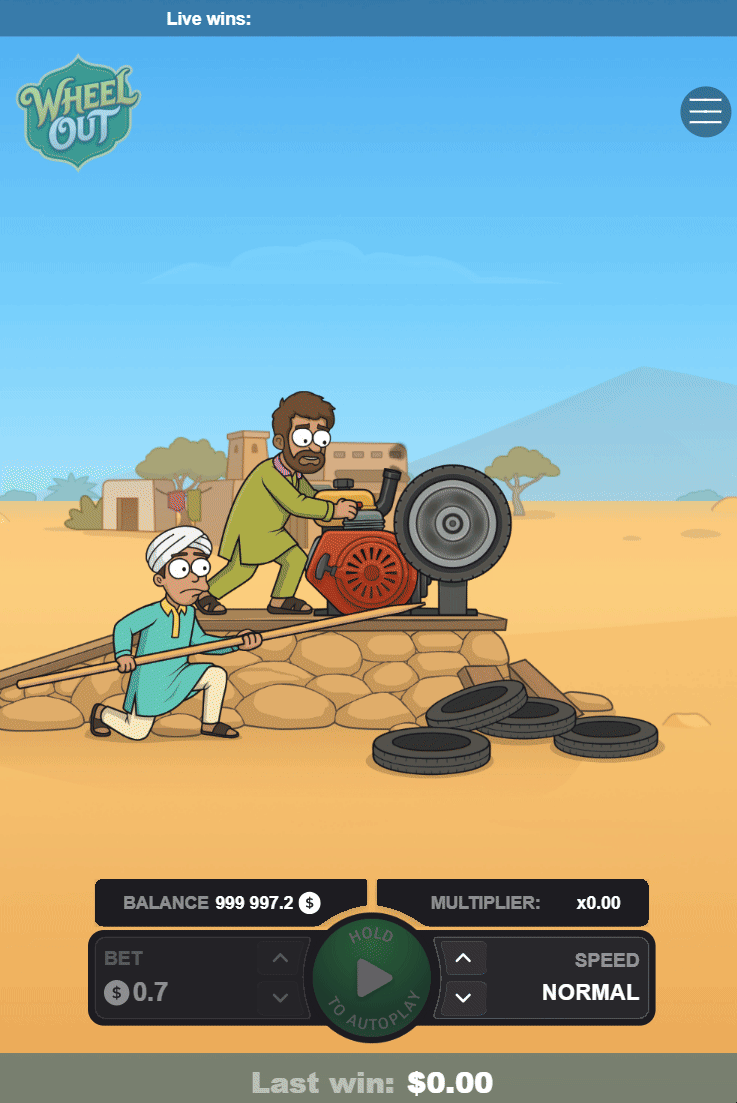 Демо Wheel Out на телефоне до пуска: HOLD TO AUTOPLAY, ставка 0.7 и множитель x0.00