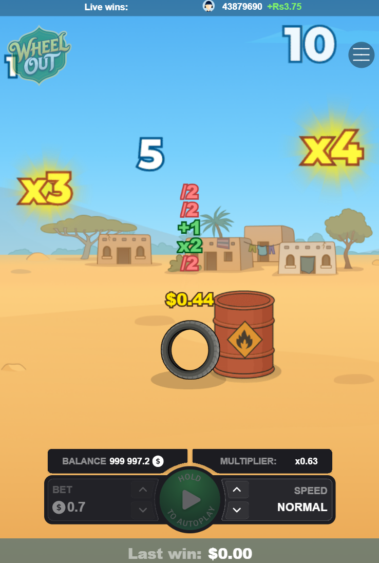 Wheel Out на телефоне у рыжей бочки: множитель x0.63 и Last win 0.00