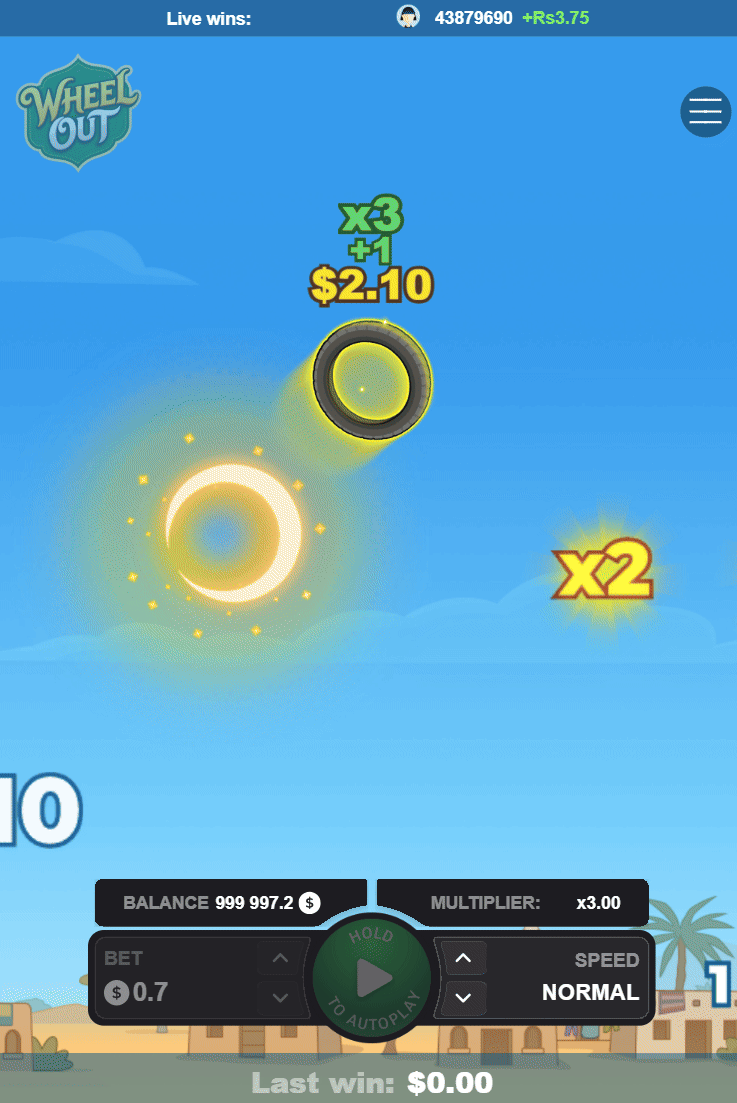 Wheel Out на телефоне: столбик x3 и +1, сумма 2.10 и множитель x3.00